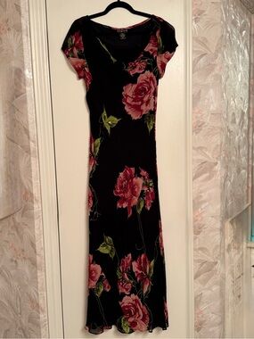 Black Floral Maxi Dress with Pink Rose Accents by Xhilaration